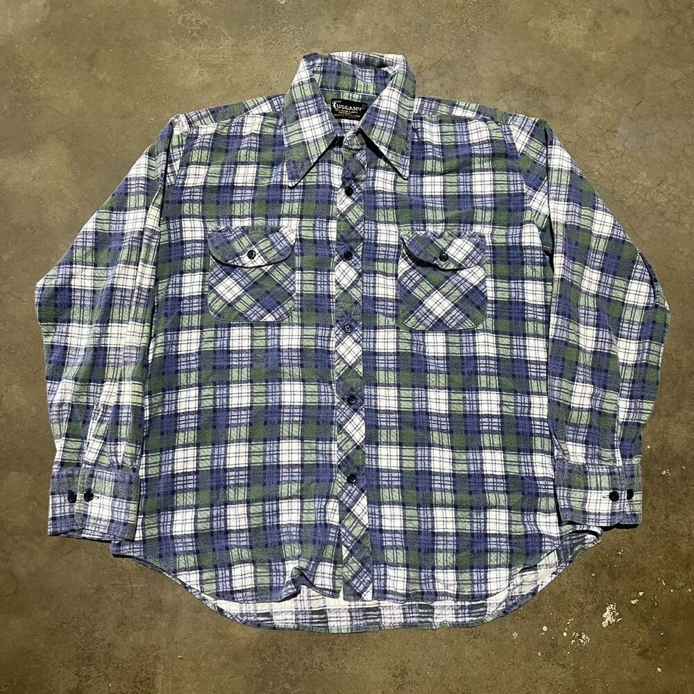 Vintage 70s Tuscany Green/Blue Plaid Cotton Flannel Shirt